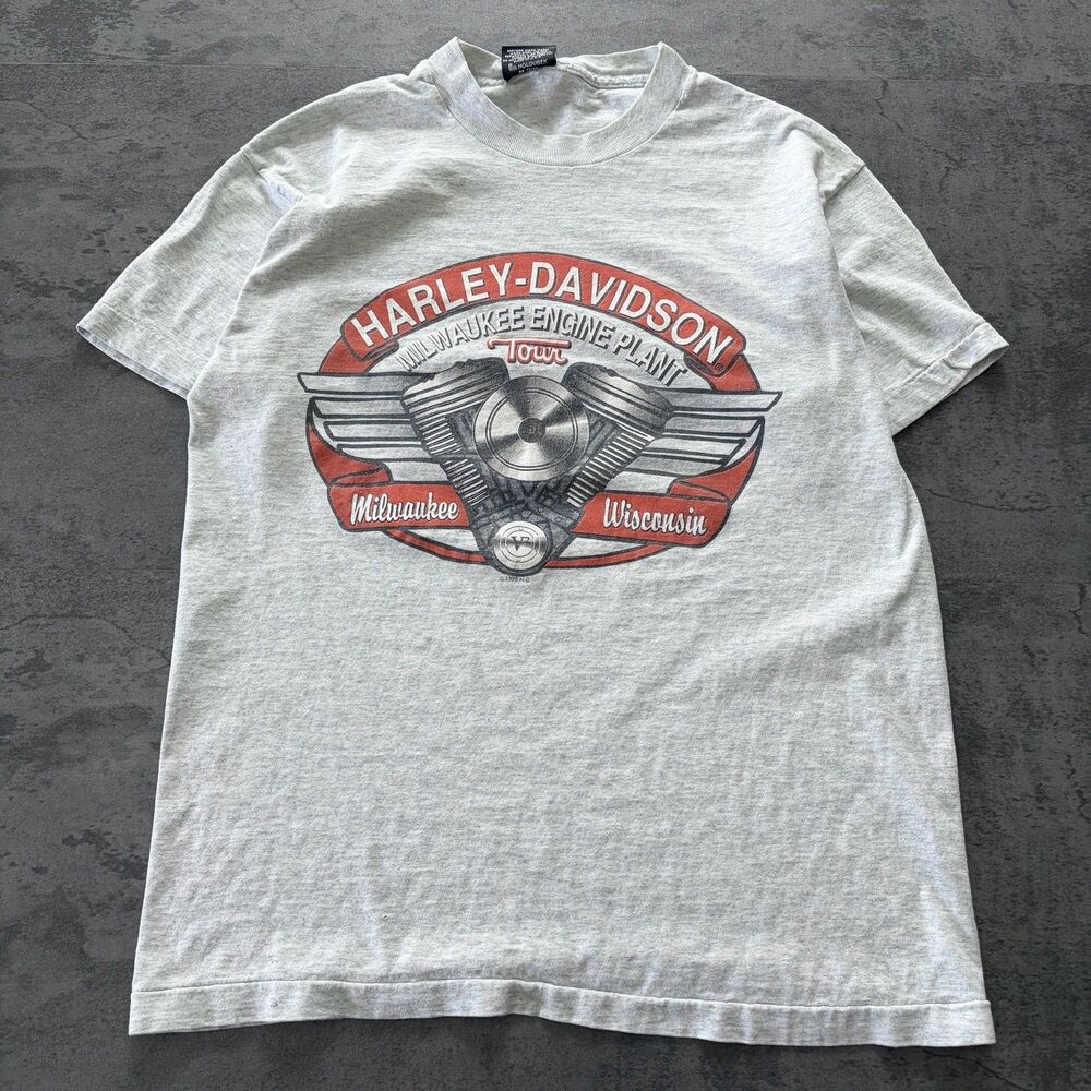 VTG 90’s Harley Davidson Twin Engine Shirt Mens L Milwaukee Wisconsin Gray